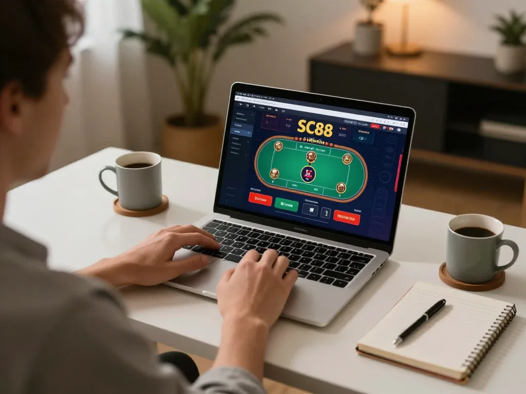 Engaging with SC88 casino app on laptop, showcasing online poker gameplay strategy