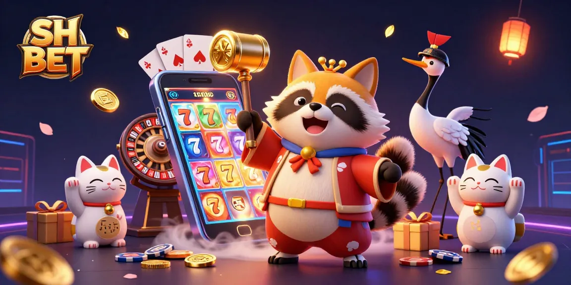 Engage with SH BET at a vibrant casino scene featuring a joyful tanuki and lucky elements.
