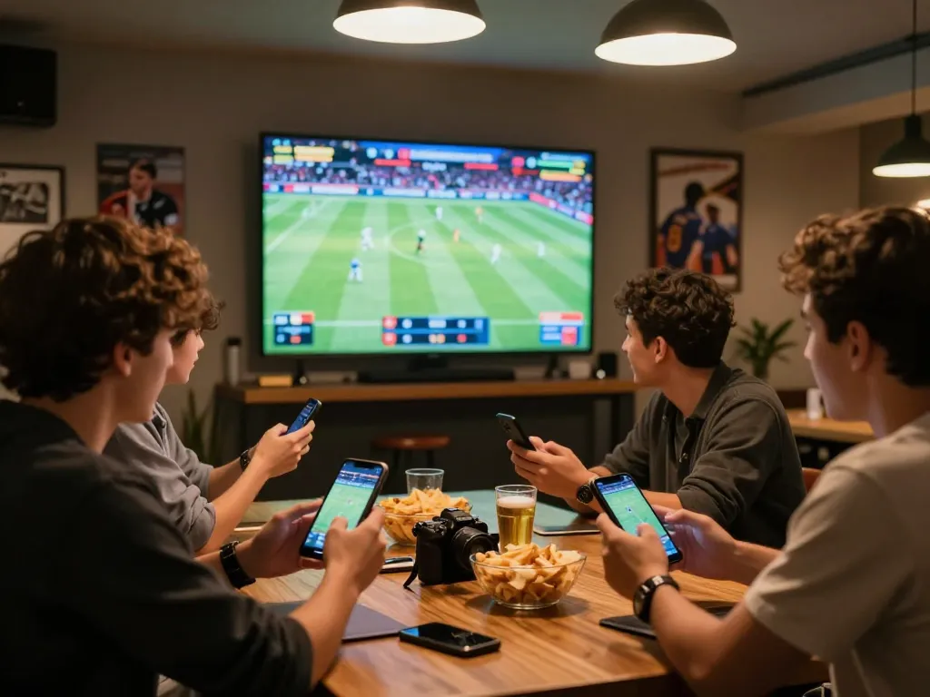 Excited friends placing bets using smartphones while watching sports at 8xbet, capturing thrilling gaming atmosphere.