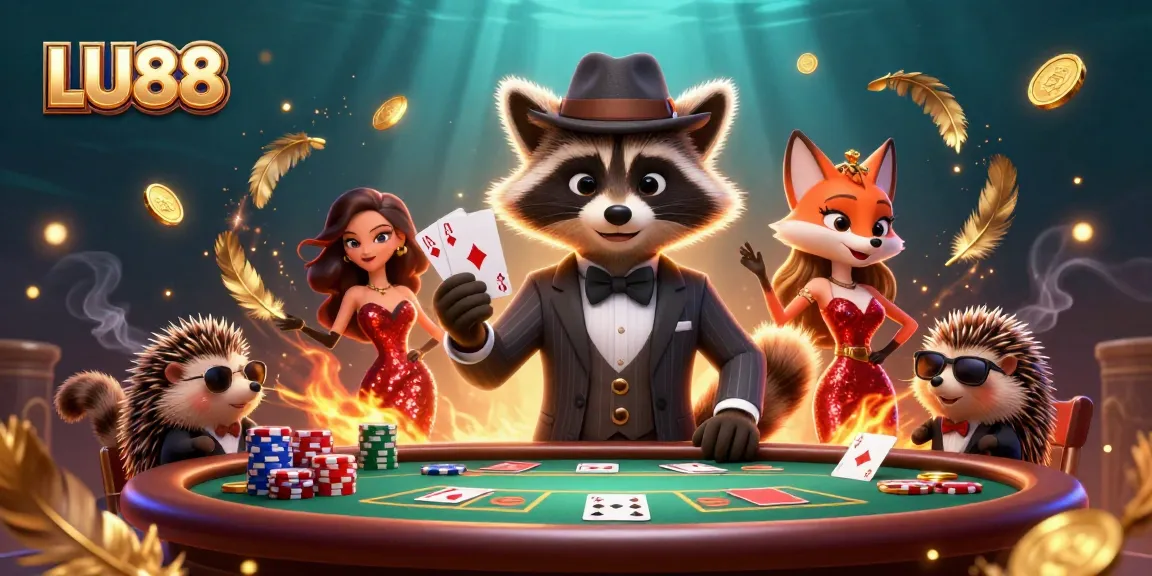 LU88 showcases a poker scene with a suave raccoon, stylish fox, and hedgehog bouncer.
