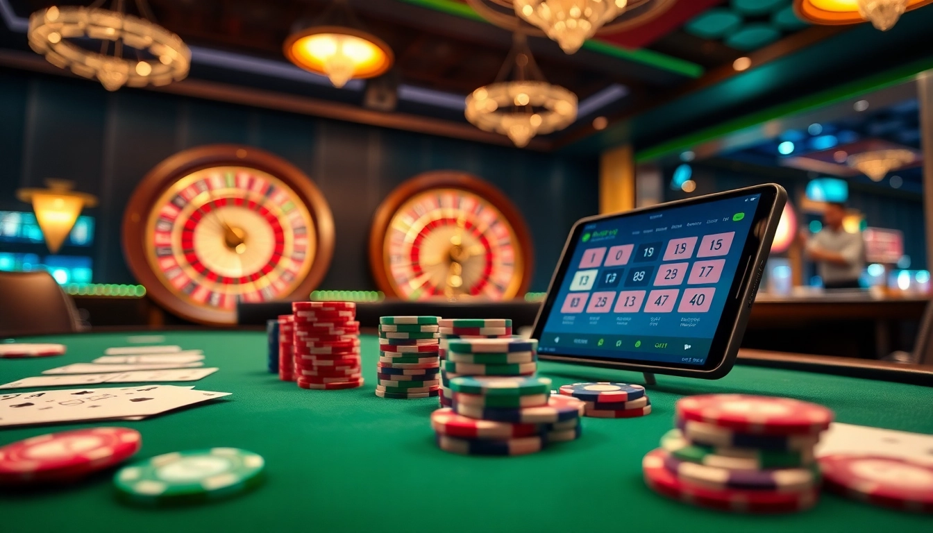 Engage with Judi Bola Online betting at a luxury casino setting featuring poker chips and mobile devices.