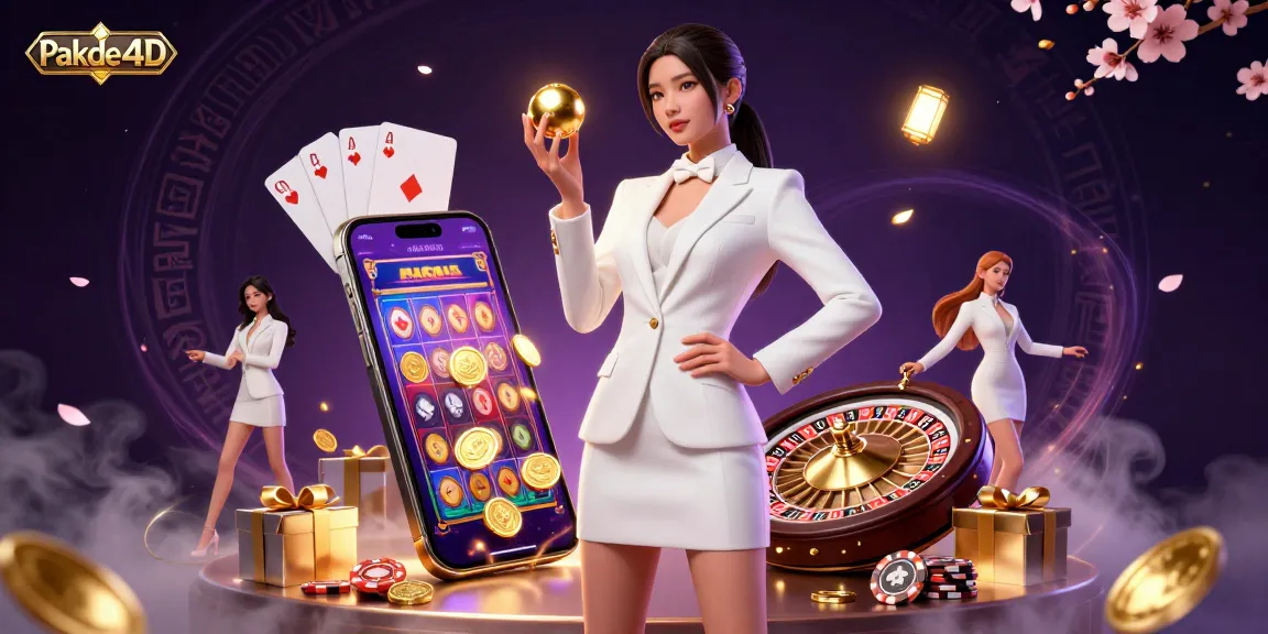 Experience thrilling gameplay with Pakde4D, featuring a glamorous Asian woman holding a golden roulette ball in a vibrant casino scene.