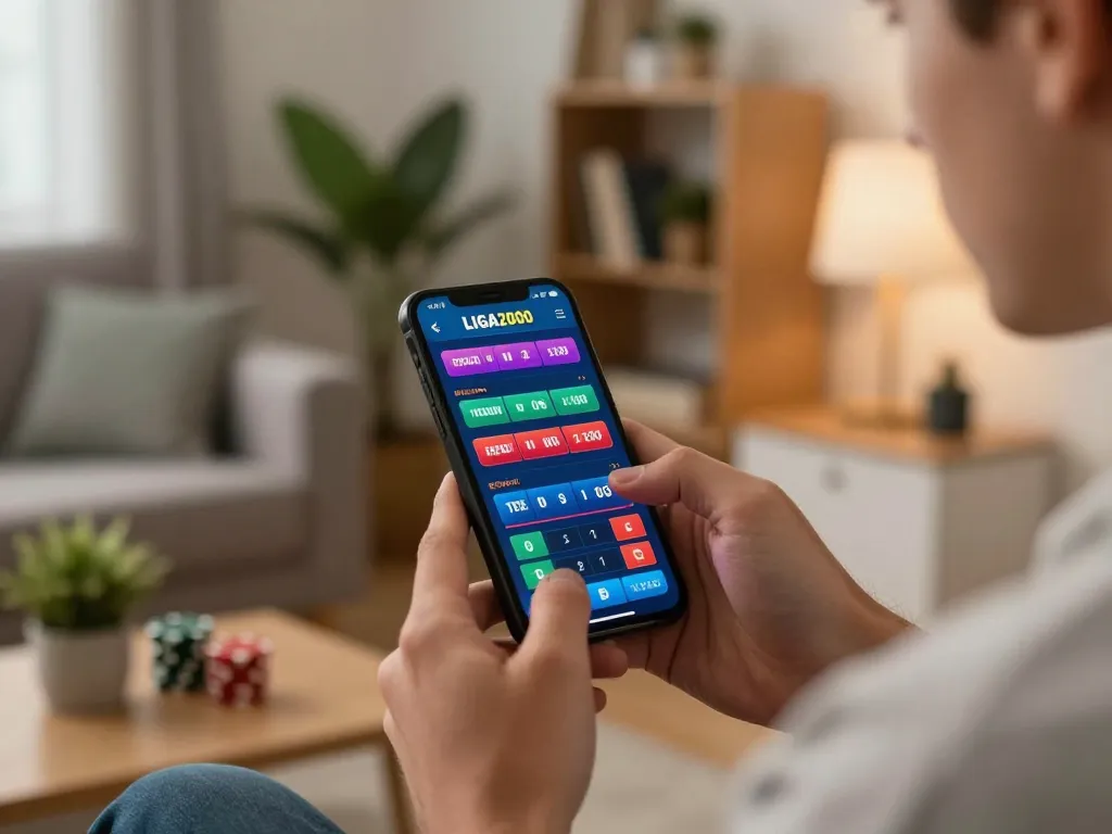 LIGA2000 mobile betting excitement captured in a cozy living room with focused interaction.
