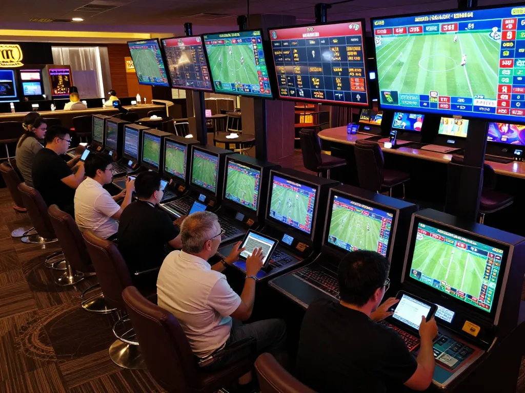 Kèo nhà cái 5 sports betting area with patrons placing bets and screens displaying live odds
