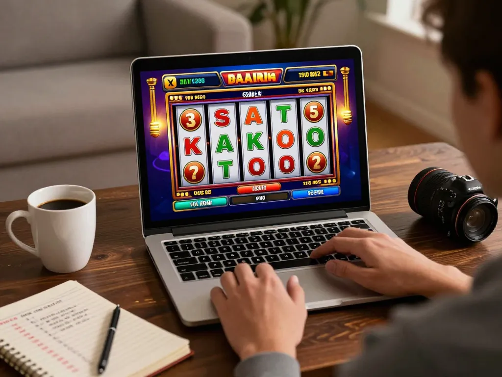Player enjoying an online slots game at bem88l with a cozy setup featuring strategies and drinks.
