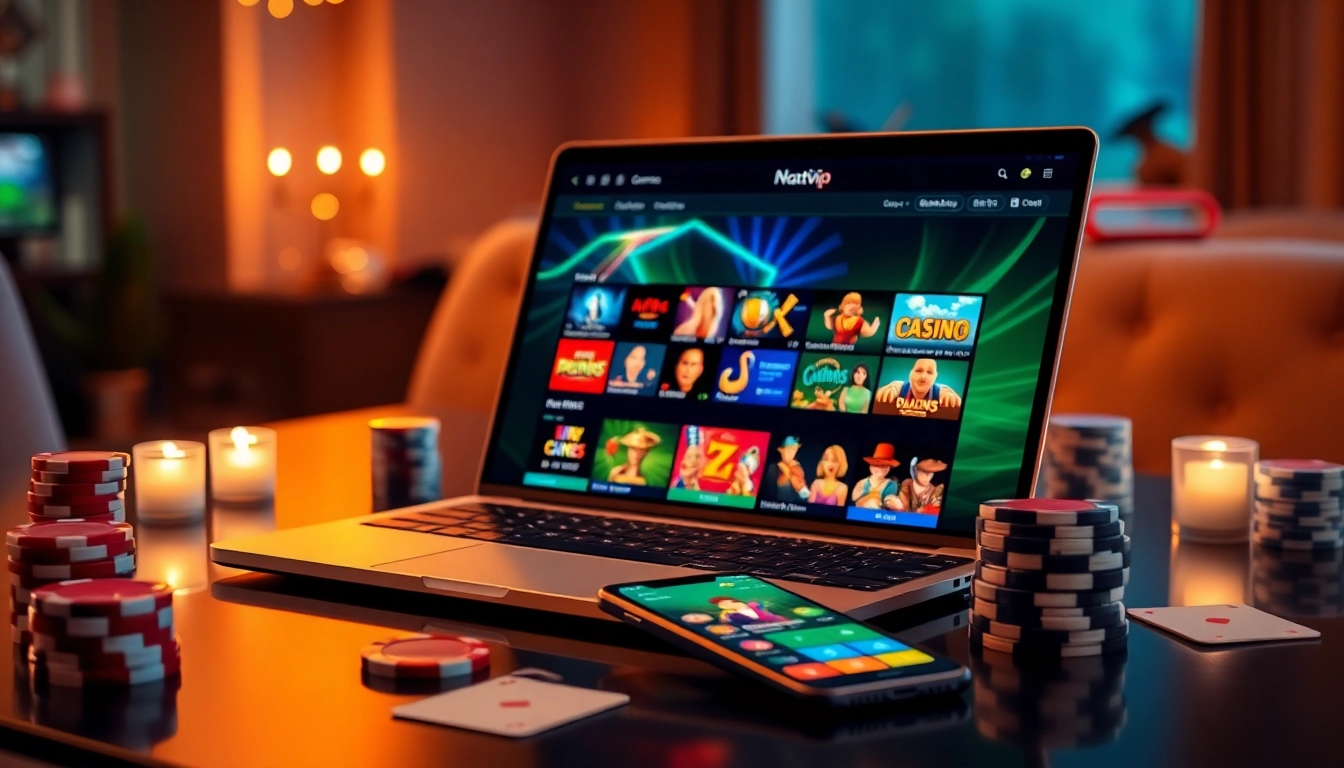 Cổng game bài đổi thưởng with a sleek online gambling interface showcasing vibrant graphics and casino elements.