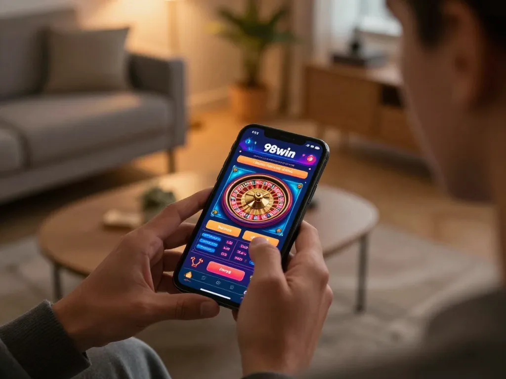 Engaging with the app 98win for mobile casino gaming in a cozy living room.
