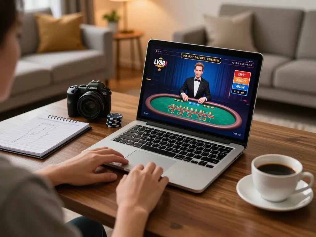 Player engaging in online casino with LV88SEO gaming on laptop, showcasing strategic gameplay.