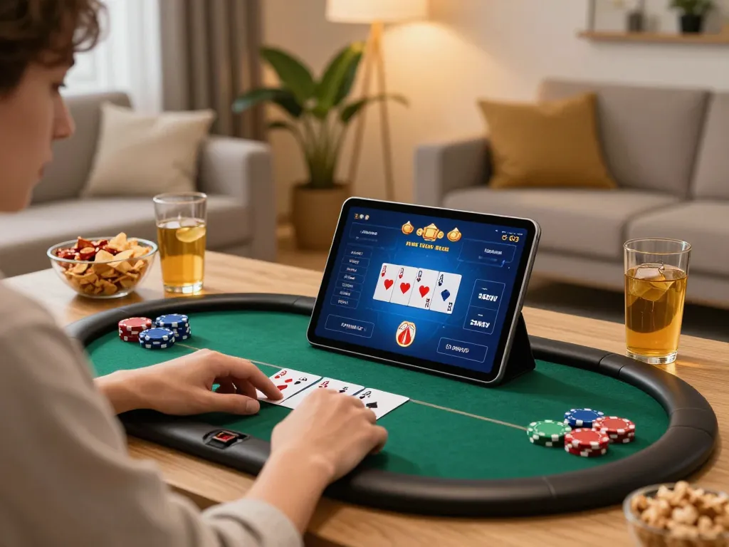 YowesJP user enjoying fast-paced poker gameplay on a tablet in a cozy living room.