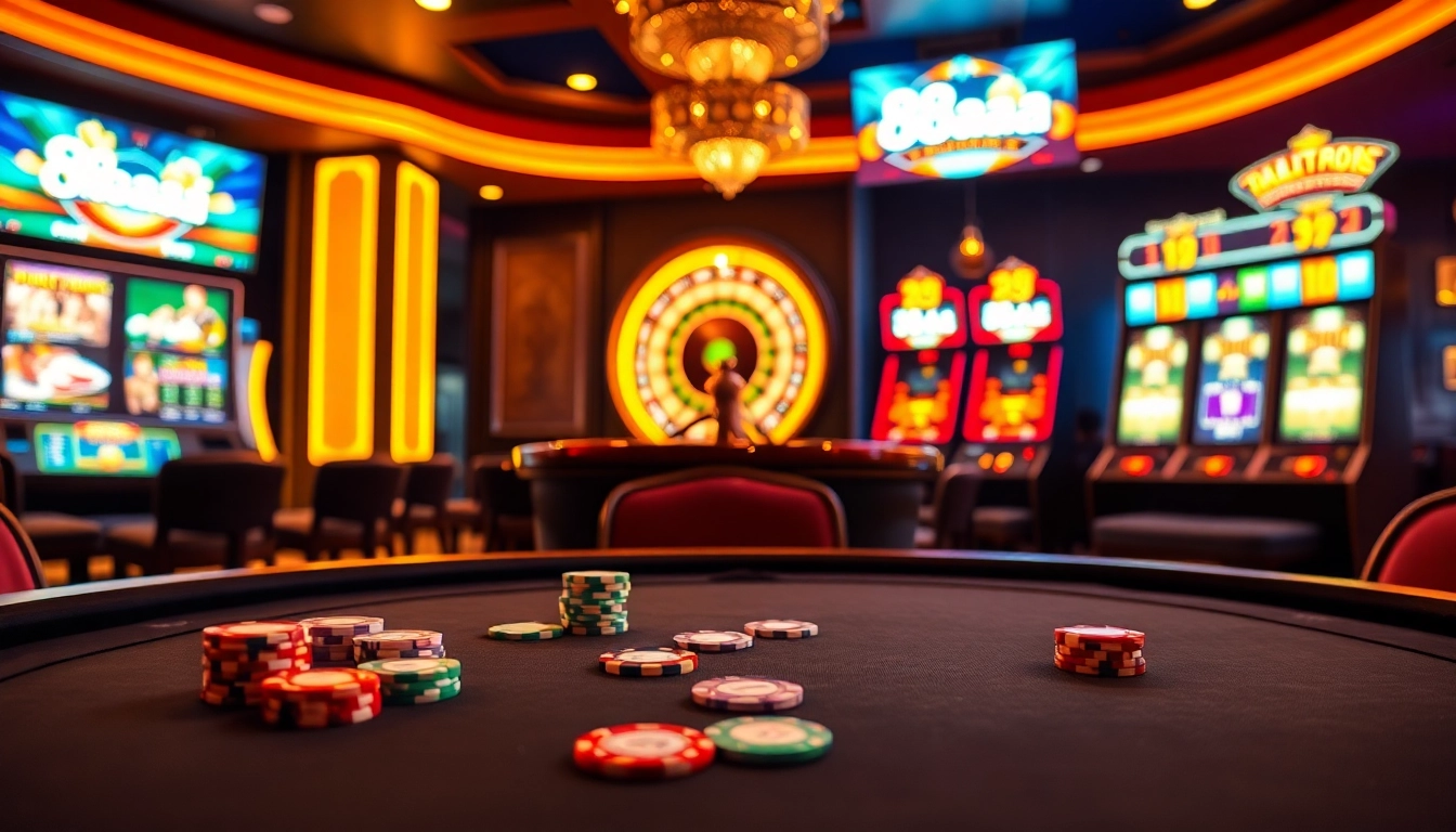 Gamblers enjoy a thrilling scene at a casino featuring 88aa poker tables and vibrant slot machines.
