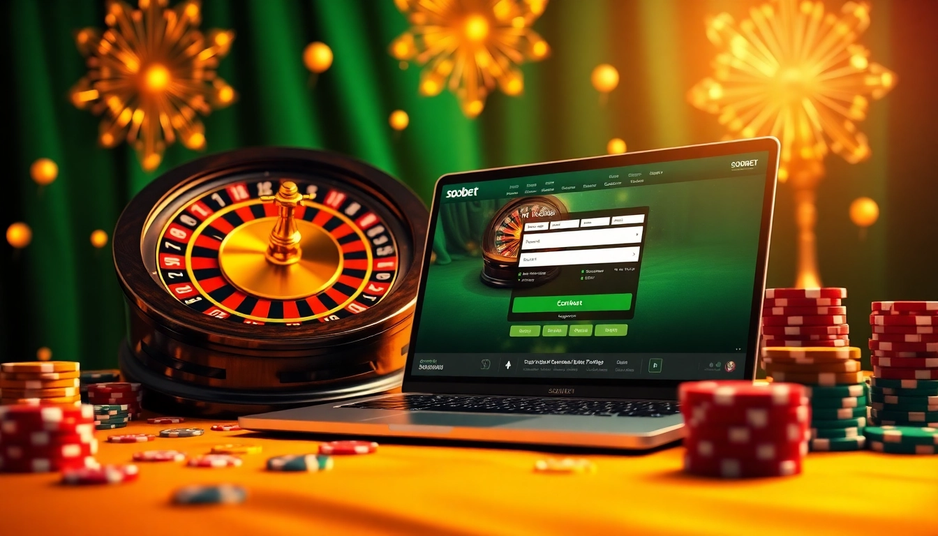 SboBet login interface displayed on a laptop surrounded by poker chips and a roulette wheel, symbolizing online gambling excitement.