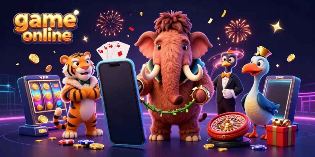 Engaging characters in a lively casino scene promoting game online with vibrant 3D elements and dynamic design.
