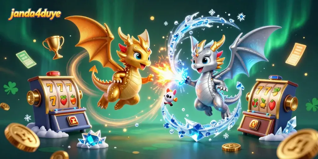 Menang di slot janda4duye dengan naga 3D berwarna emas dan perak.