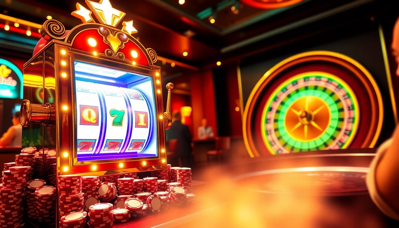 Experience thrilling slot gacor excitement with vibrant casino elements like glowing machines and poker chips.