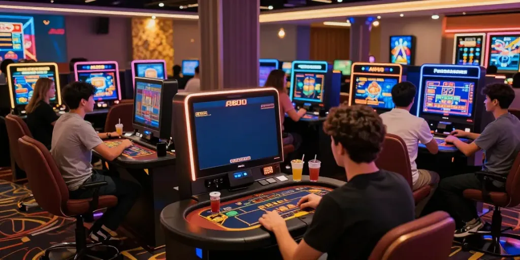 A vibrant gaming scene showcasing the A80 platform with players engaged in online slots and table games.