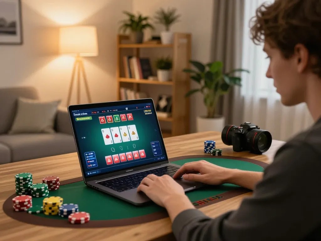 Engaging in online casino gameplay on God55 platform from a cozy home setup, showcasing strategic focus and comfort.