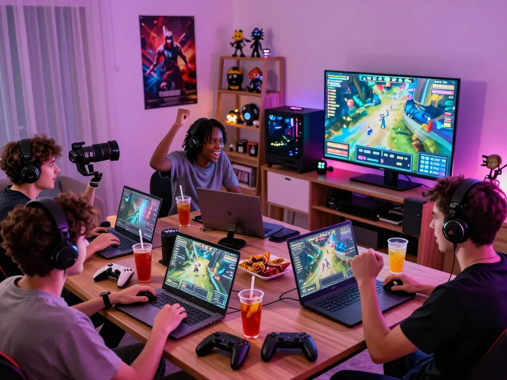 Players enjoying dynamic online gaming at nhà cái nk88; vibrant atmosphere with LED lights and celebration.