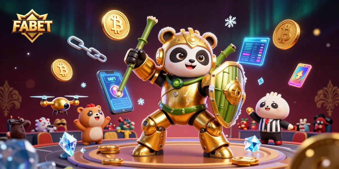 Experience FABET excitement in a vibrant 3D scene filled with cryptocurrency elements.