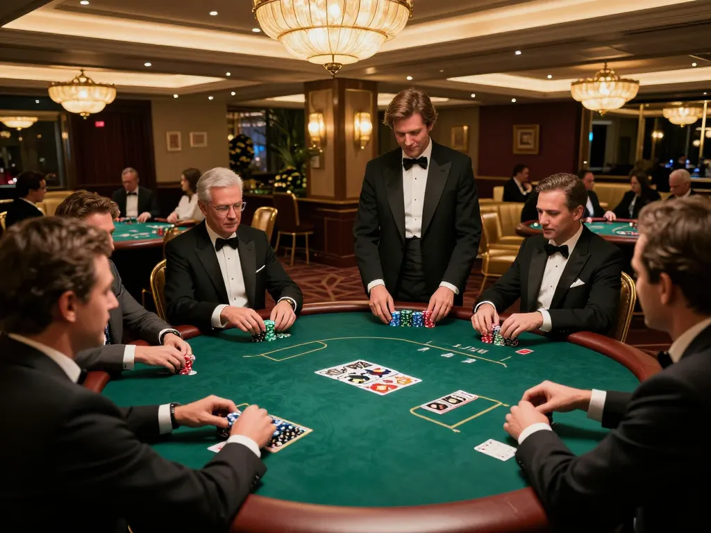 W4U players enjoying an exciting poker game in a luxurious casino VIP room with warm lighting and upscale decor