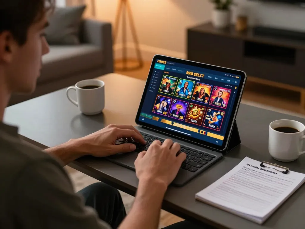 Player analyzing strategies within the RR88 SELECT app on a tablet in a cozy gaming setup.