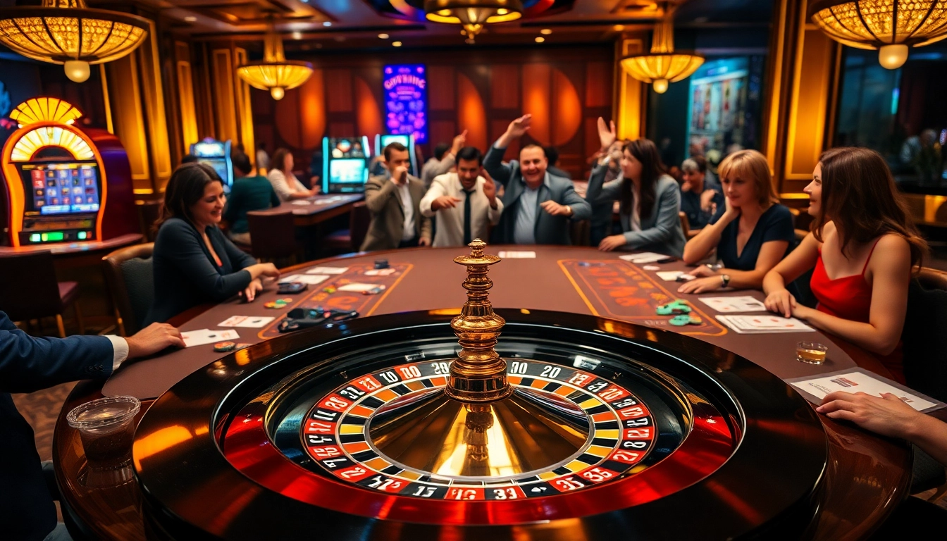 Experience the thrill of Okking gaming with vibrant casino tables and an exciting roulette wheel.