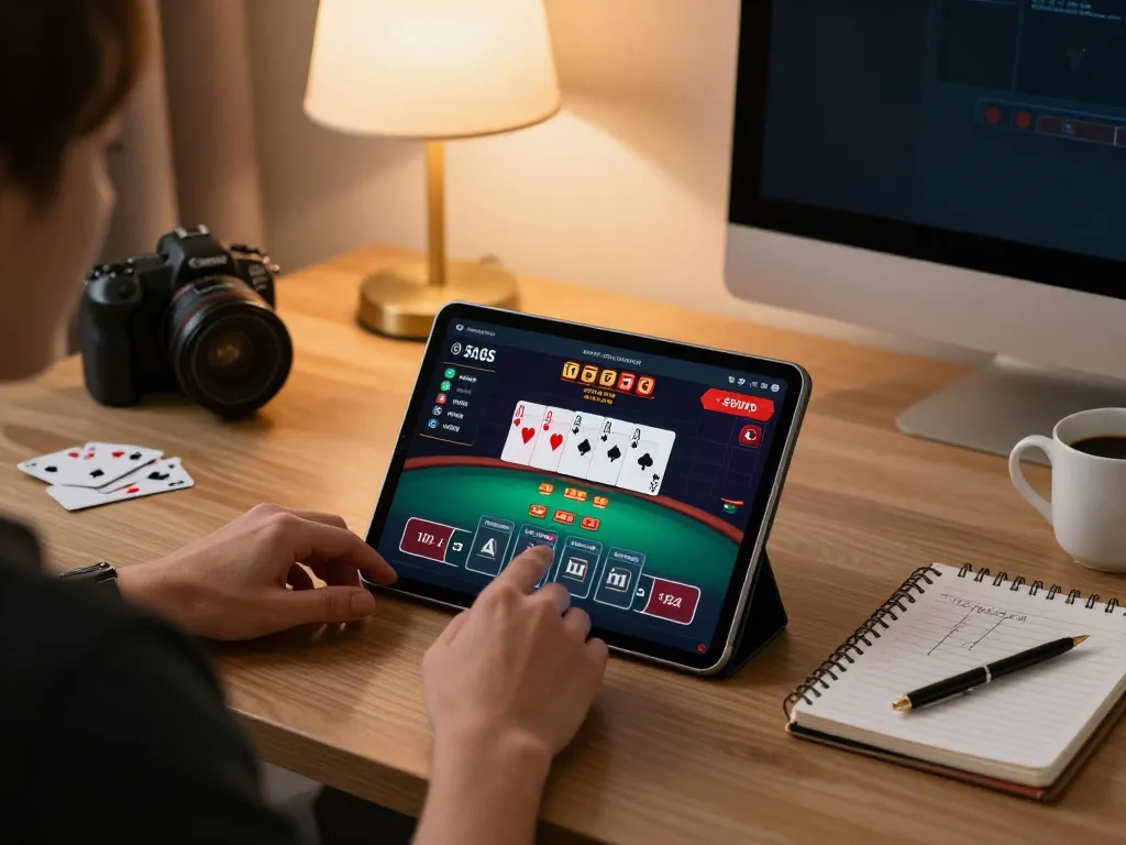 Engaging with poker on tablet at home, showcasing the nhà cái 98win for strategic online gaming.