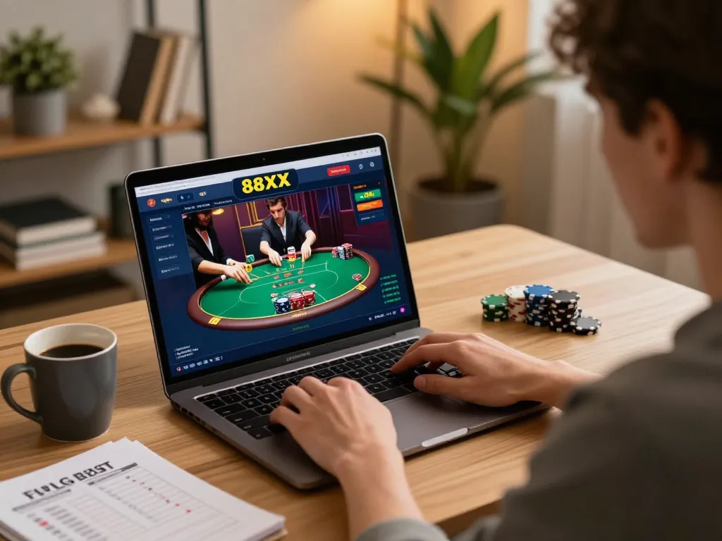 Player immersing in the 88xx online casino experience on a laptop at home, focused on poker strategies.