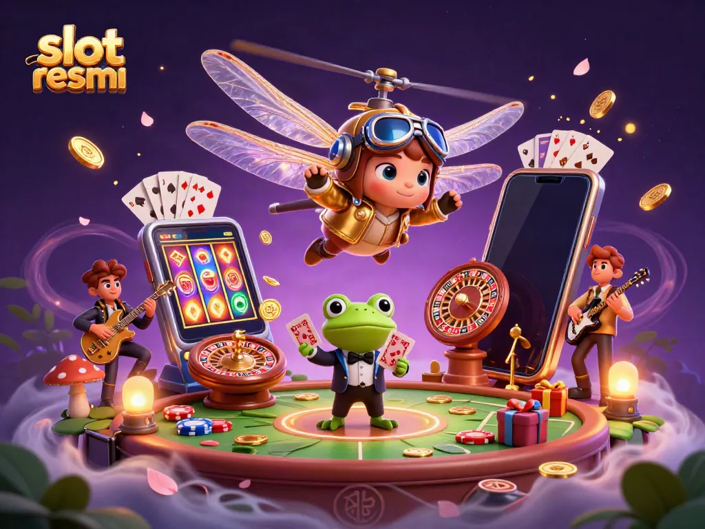 Engage with slot resmi gaming through a vibrant casino scene showcasing dynamic characters and slot game elements.