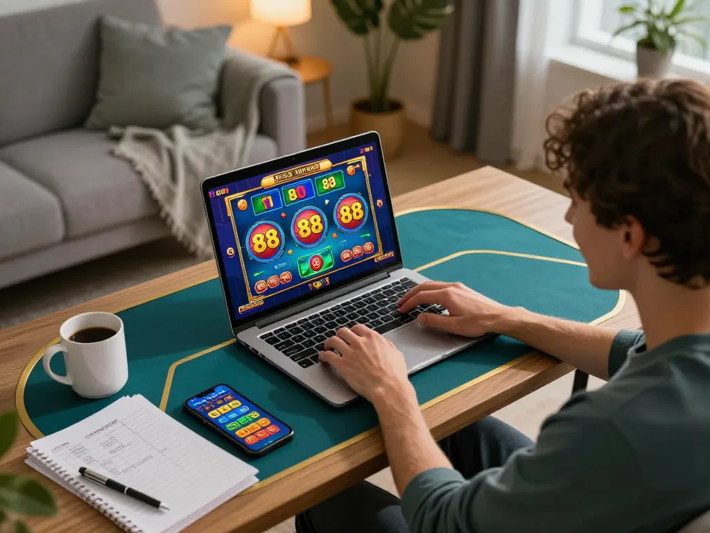 Engaging online gameplay featuring Go 88 slots in a cozy home setup with warm lighting.