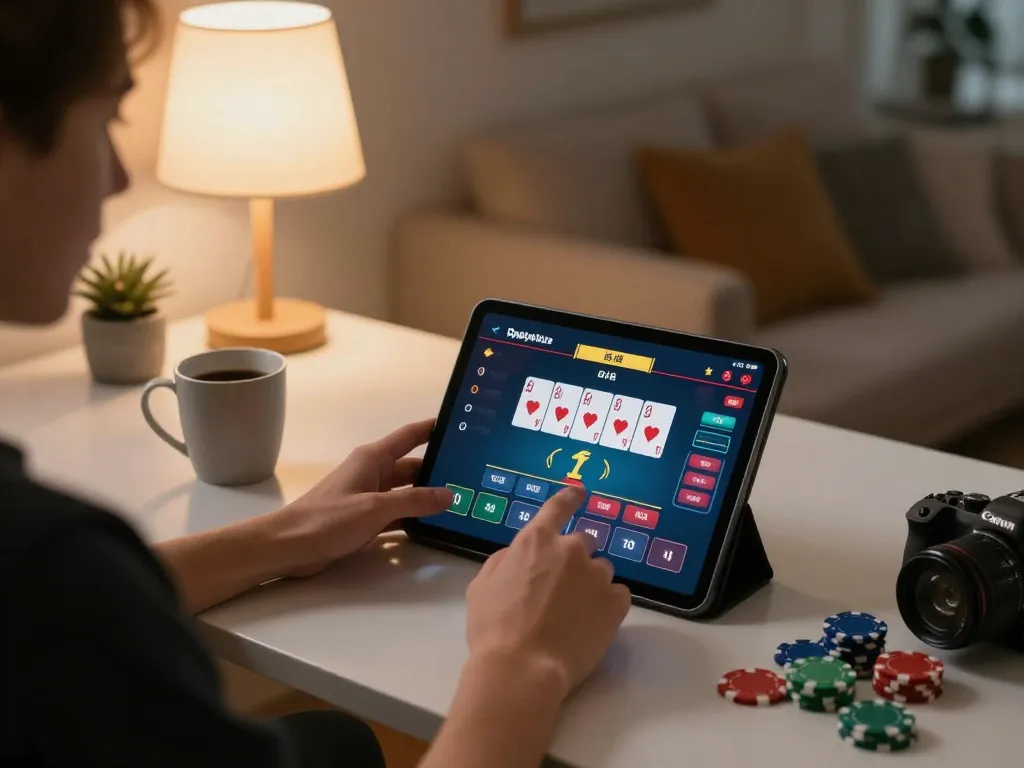 Engaging moment as players truy cập LUCK8 online casino on tablet, showcasing dynamic poker gameplay.