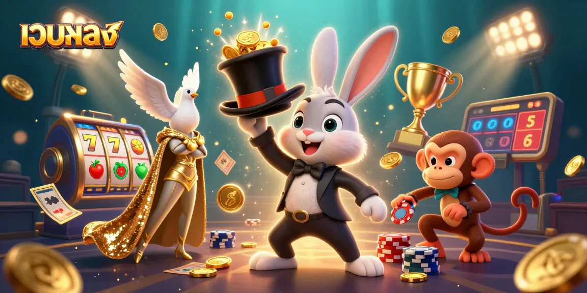 Engage in เว็บตรง casino excitement with a magician rabbit and companions showcasing golden coins and slot reels.