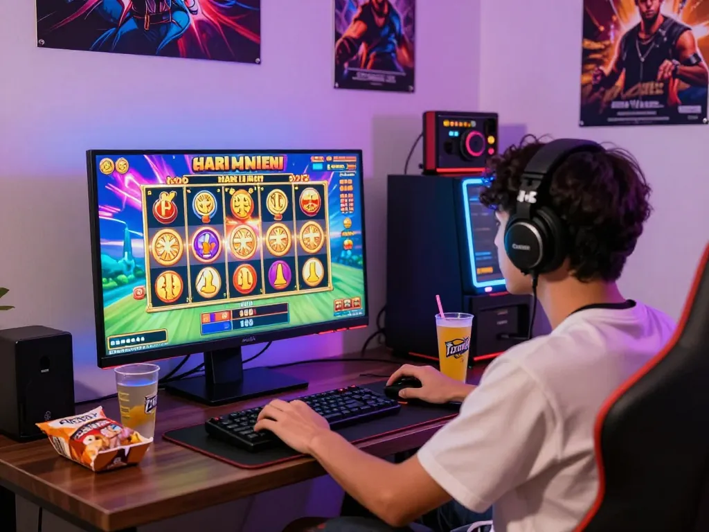 Pemain menikmati slot gacor hari ini di monitor permainan yang cerah dalam pengaturan rumah yang nyaman.