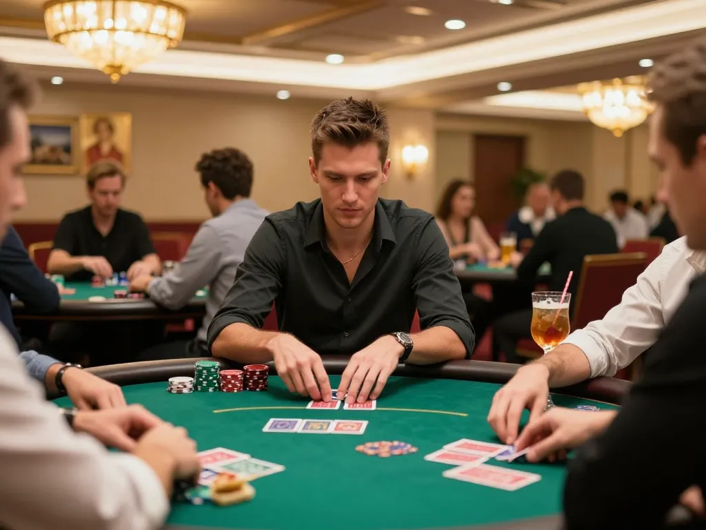 u888 player concentrating on poker game with luxurious ambiance, showcasing strategic gameplay and tension.