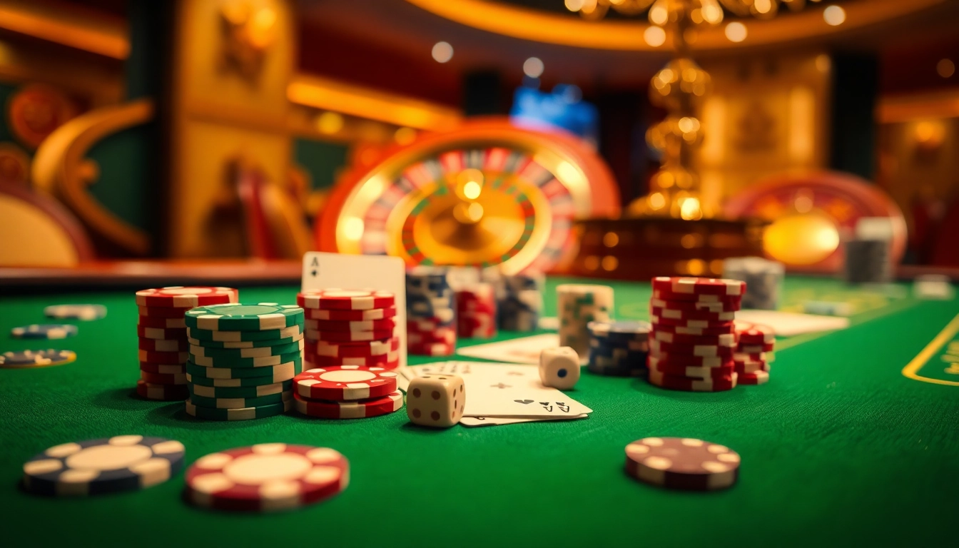 Experience the excitement of king88 vina with a luxurious casino gameplay scene featuring poker chips and a roulette wheel.