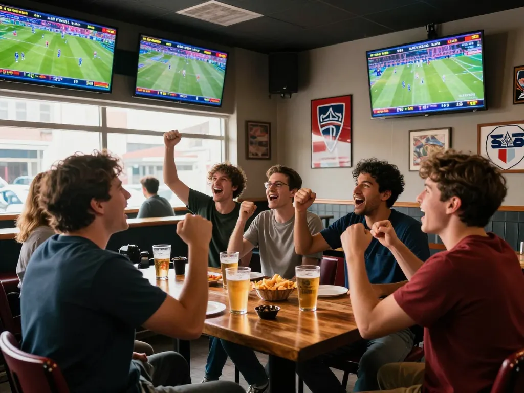 Engaged sports bettor enjoying cược thể thao with friends in an exciting sports bar
