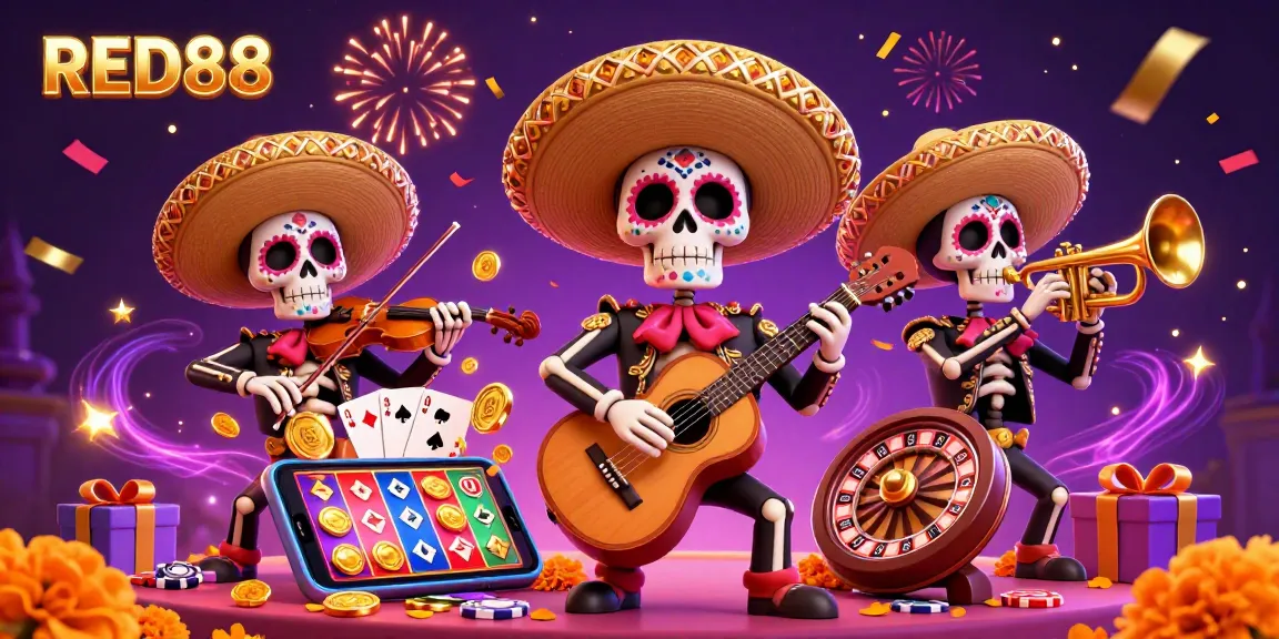 Experience the excitement of RED88 with a lively mariachi band celebrating around casino games.
