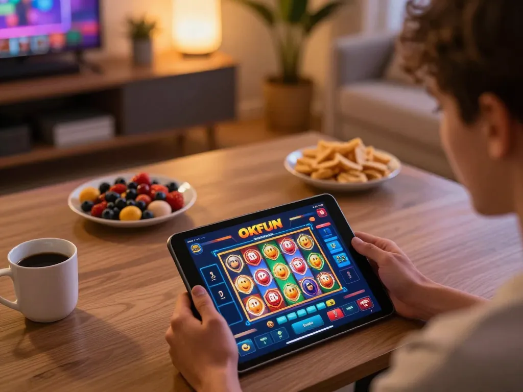 Engaging scene of a player using the OKFUN app for online gambling, showcasing vibrant gaming atmosphere.