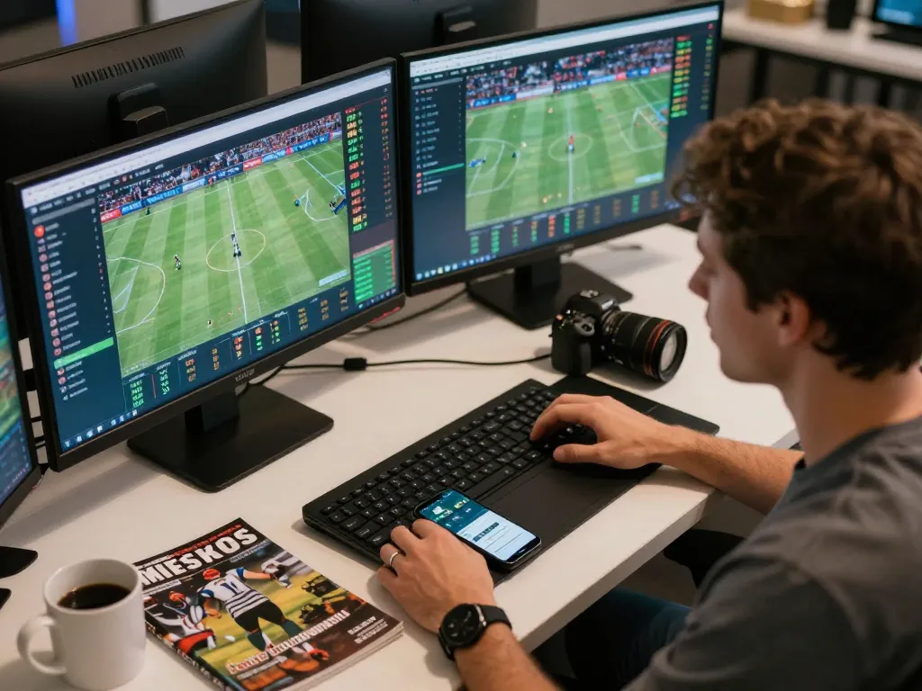 Engaged bettor navigating Bsport for live sports betting odds analysis.