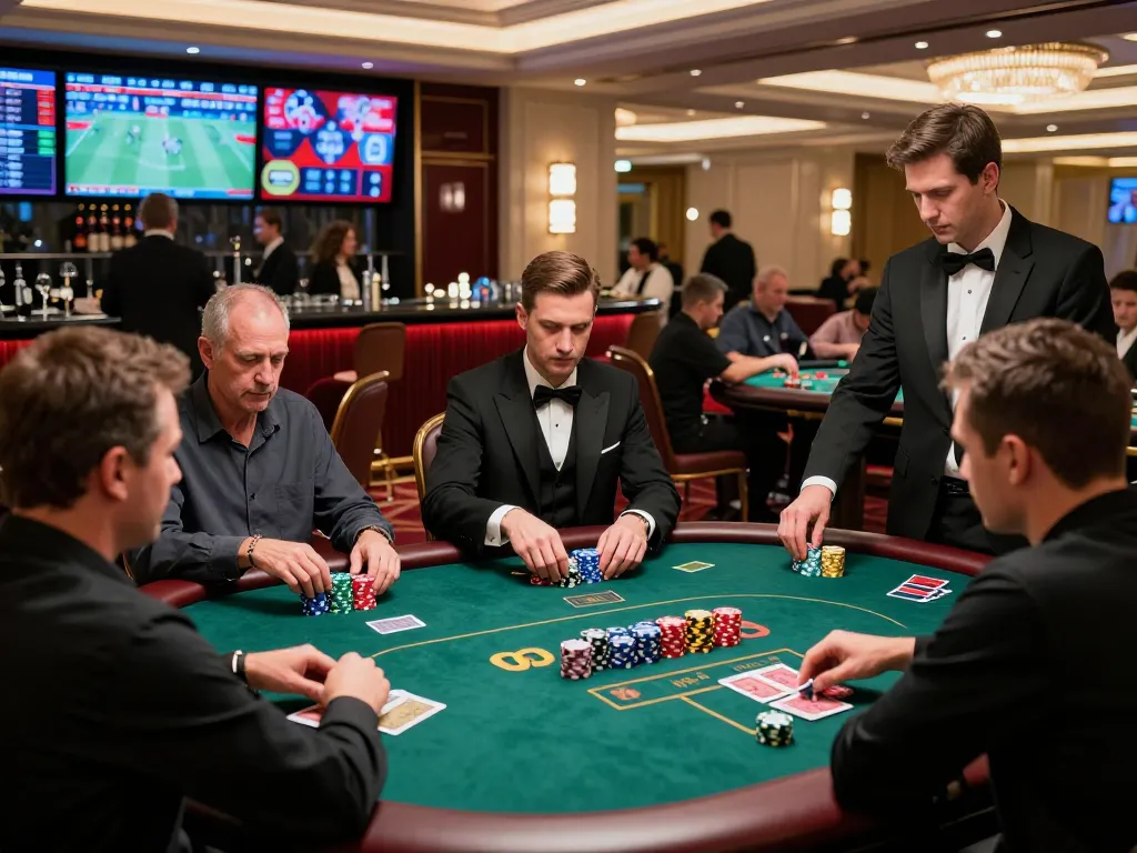 Exciting gaming atmosphere at SBOBET88 casino, gamblers at poker table, vibrant lighting.