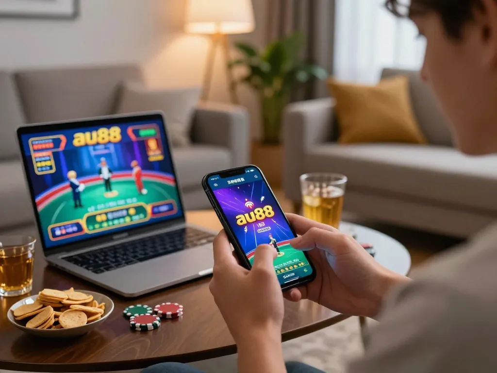 Player engaging with au88 app on smartphone in cozy living room, showcasing exciting online gaming atmosphere