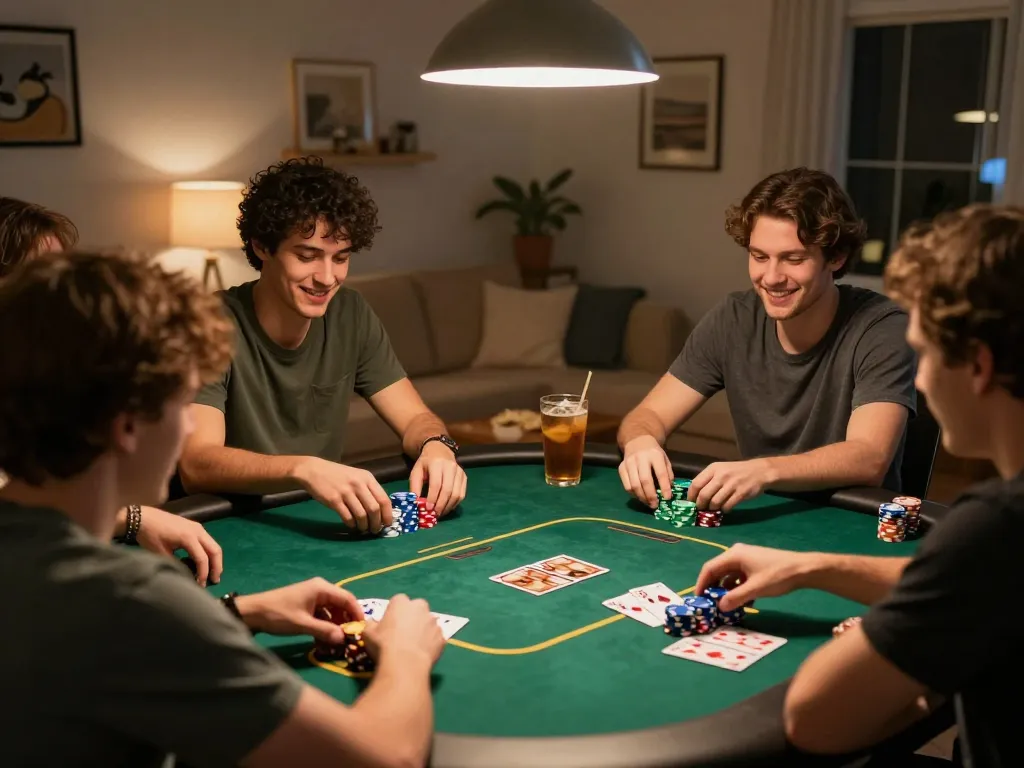 Friends enjoying a poker night at home while playing games on MM99 COM platform.