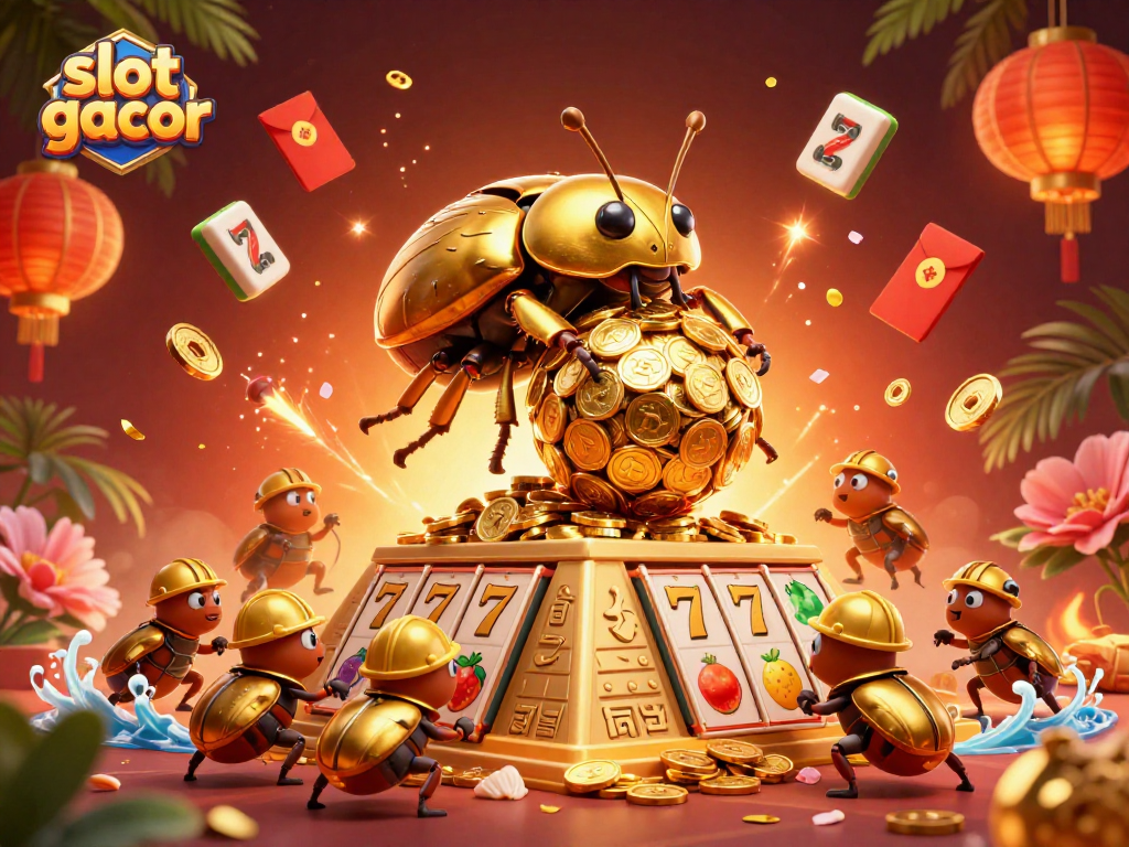 Spin to win with slot gacor, as golden beetles roll coins in a vibrant casino scene.