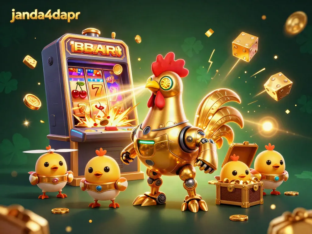 janda4dapr menghadirkan ilustrasi kasino yang dinamis dengan robot emas dan simbol kemenangan.