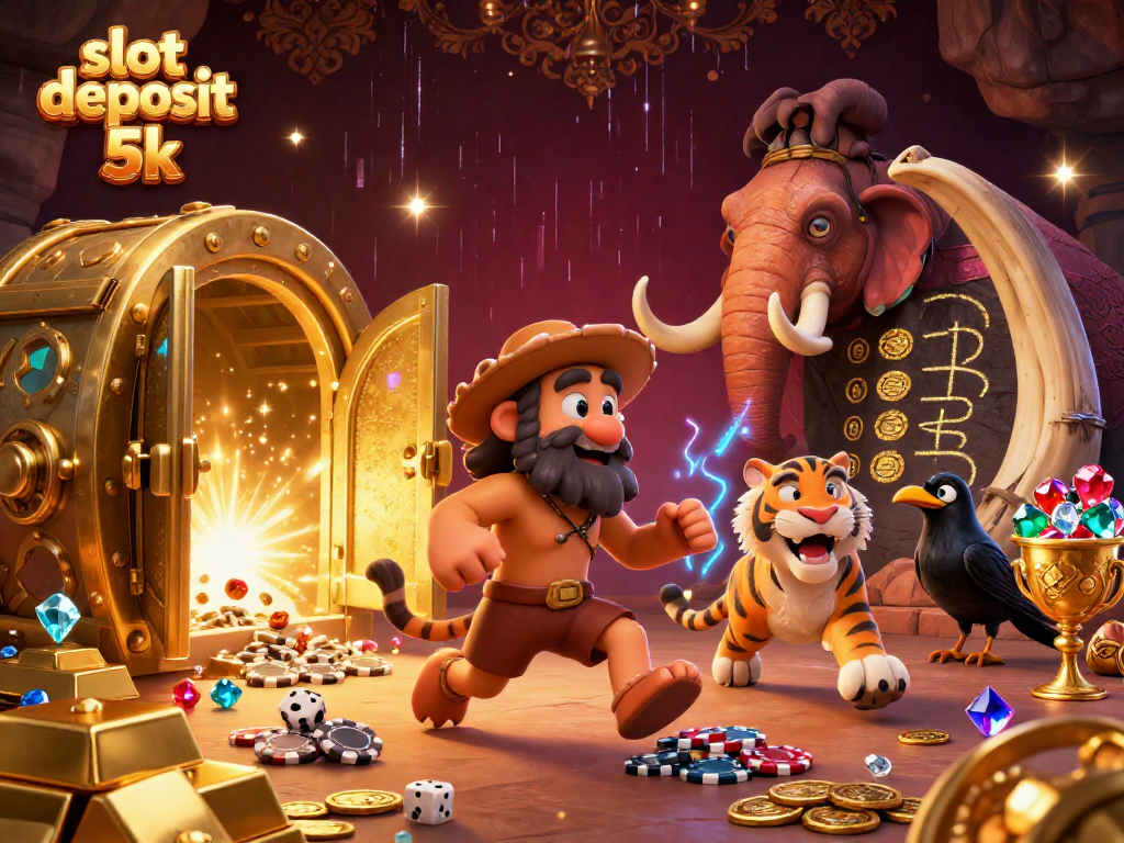Join the excitement at a prehistoric casino with slot deposit 5k special highlights in this vivid illustration.