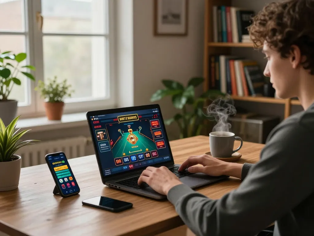 Engaged player exploring casino games at https://rr888.shopping/ from a cozy home office.