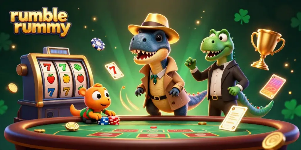 Experience the thrilling gameplay of rumble rummy with animated characters at an engaging casino scene.