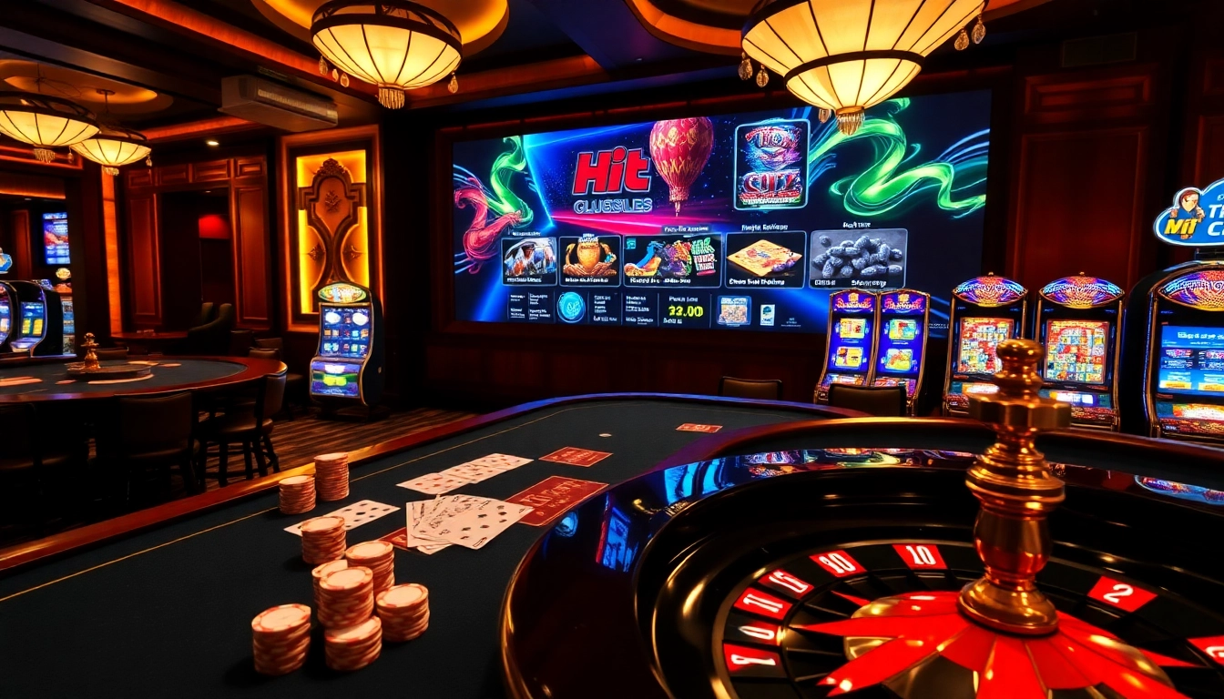 Hit club casino scene with vibrant tables, poker chips, and roulette wheel lighting for an exciting atmosphere.