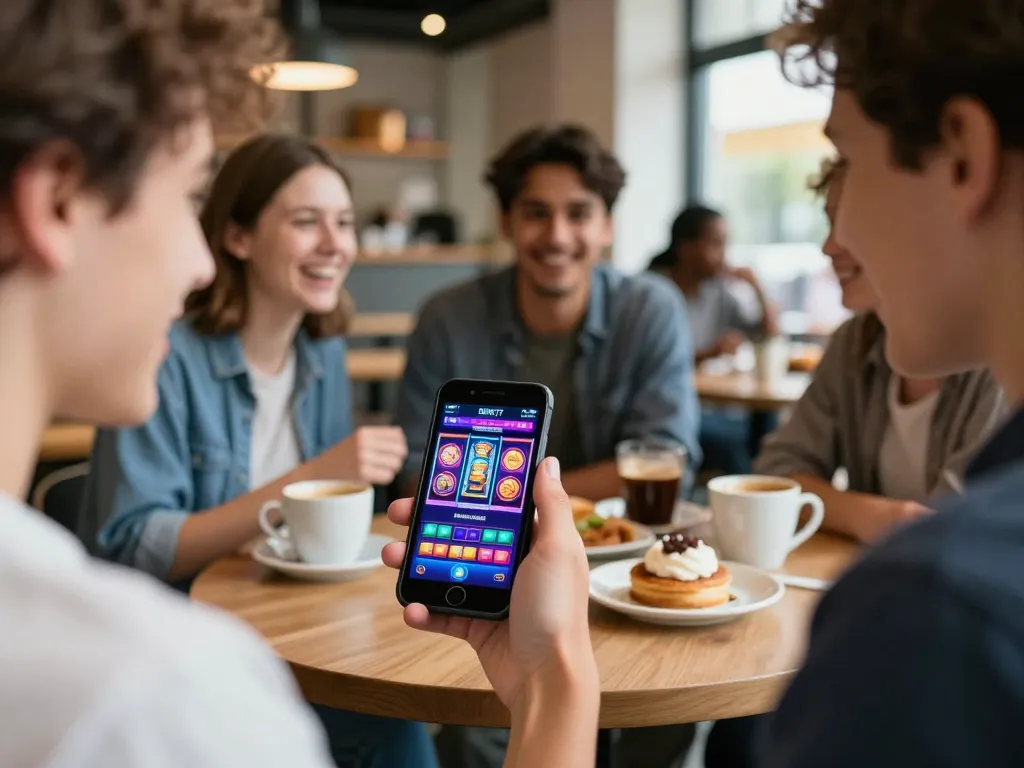 Rasakan permainan mobile DEWI77 sambil menikmati suasana kafe sosial, menampilkan kegembiraan dan strategi.