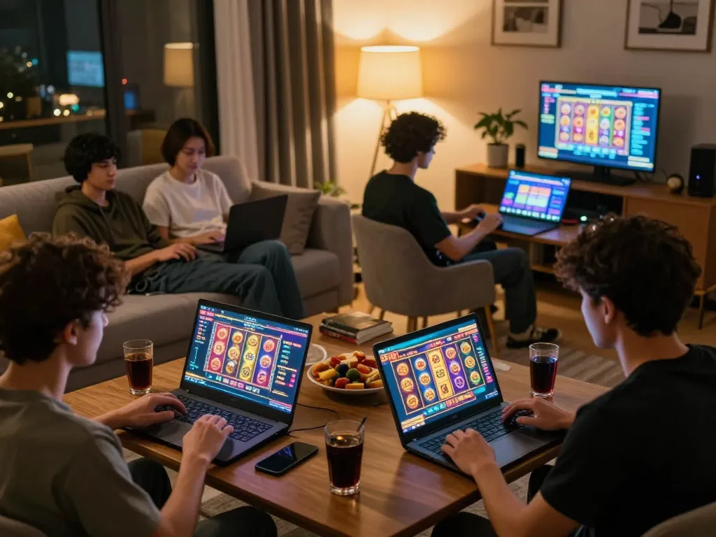 Players enjoying thrilling slot 88 games on laptops during a cozy home gaming night