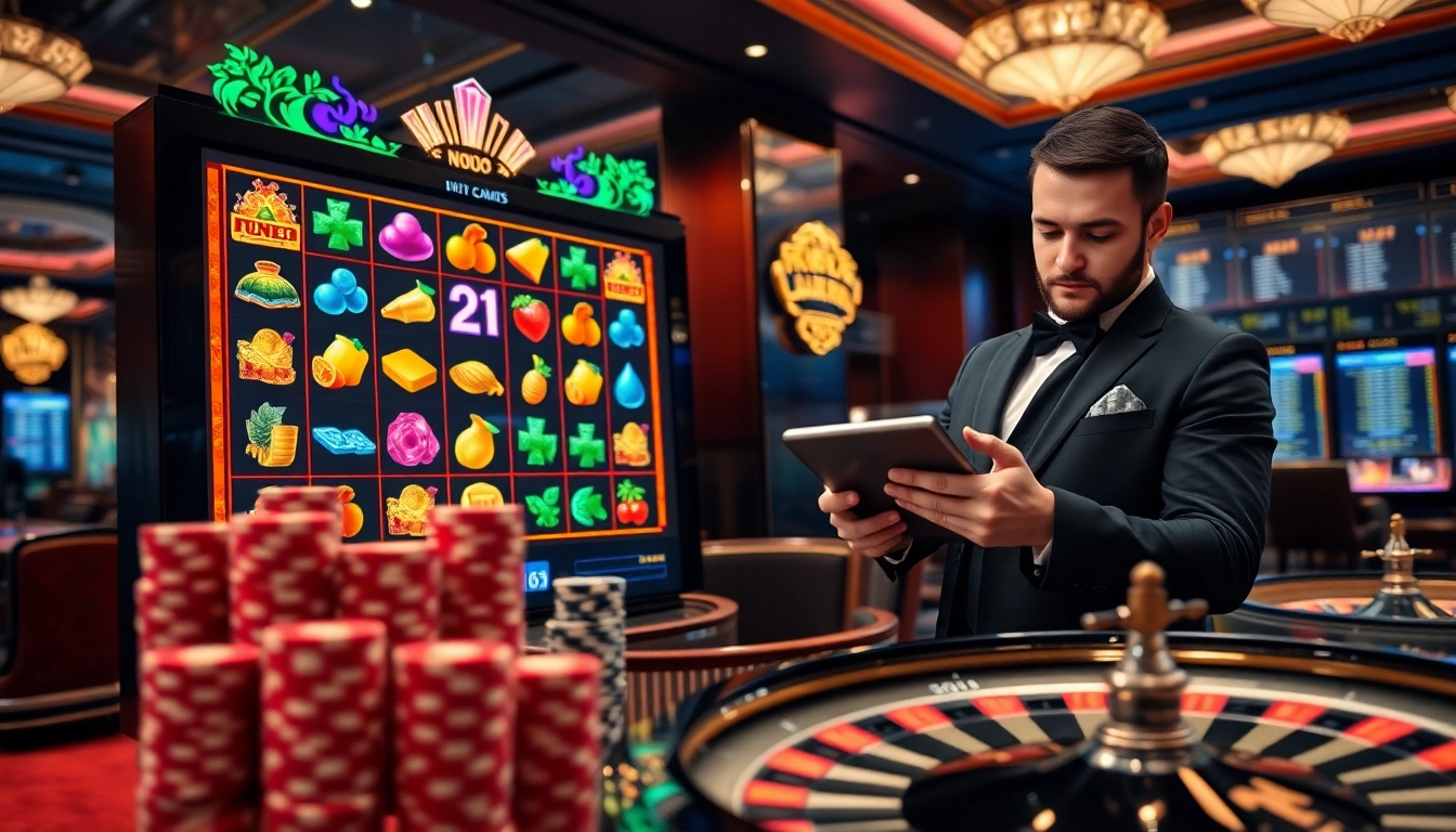Professional gambler strategically spinning vibrant game nổ hũ slot reels with poker chips and roulette wheel